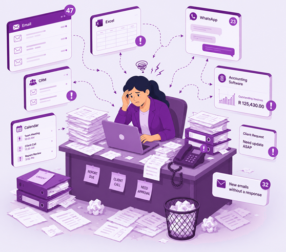 Overwhelmed operator surrounded by disconnected tools and paperwork